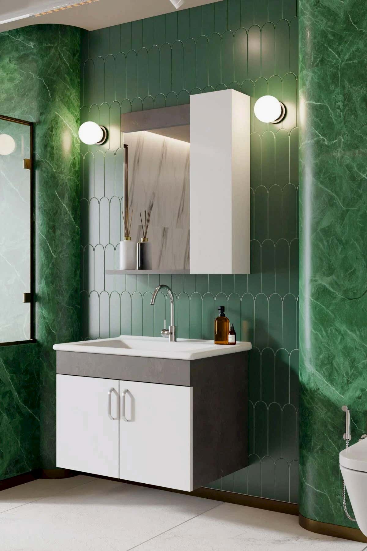 Karen Banyo Gumus 65 CM Lavabolu Banyo Dolabı Retro Gumus Beyaz - Mekan Kapı 