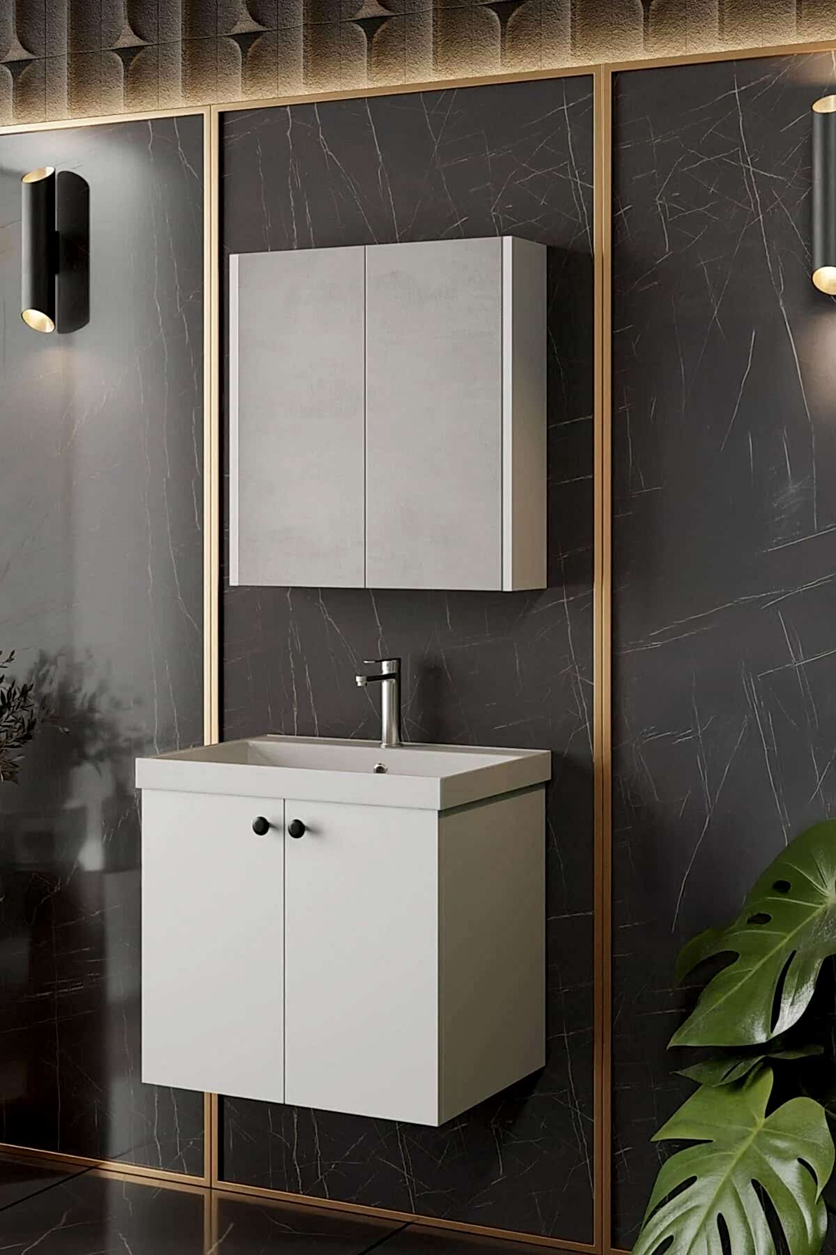 Karen Banyo Mimoza 60 CM Lavabolu Aynalı Banyo Dolabı Seti - Mekan Kapı 