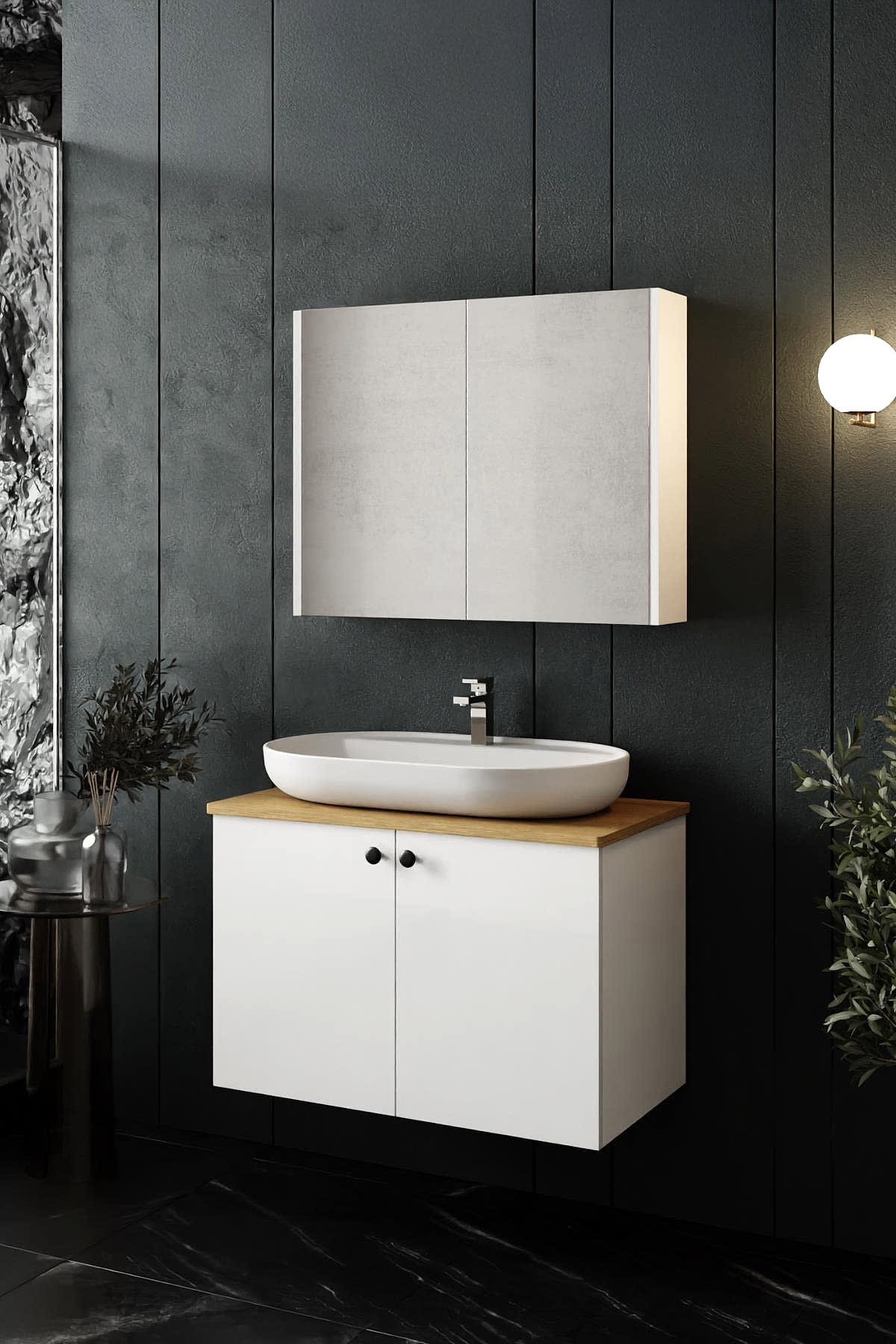 Beyaz Tezgahlı Banyo Dolabı Takimi 80 CM - Mekan Kapı 