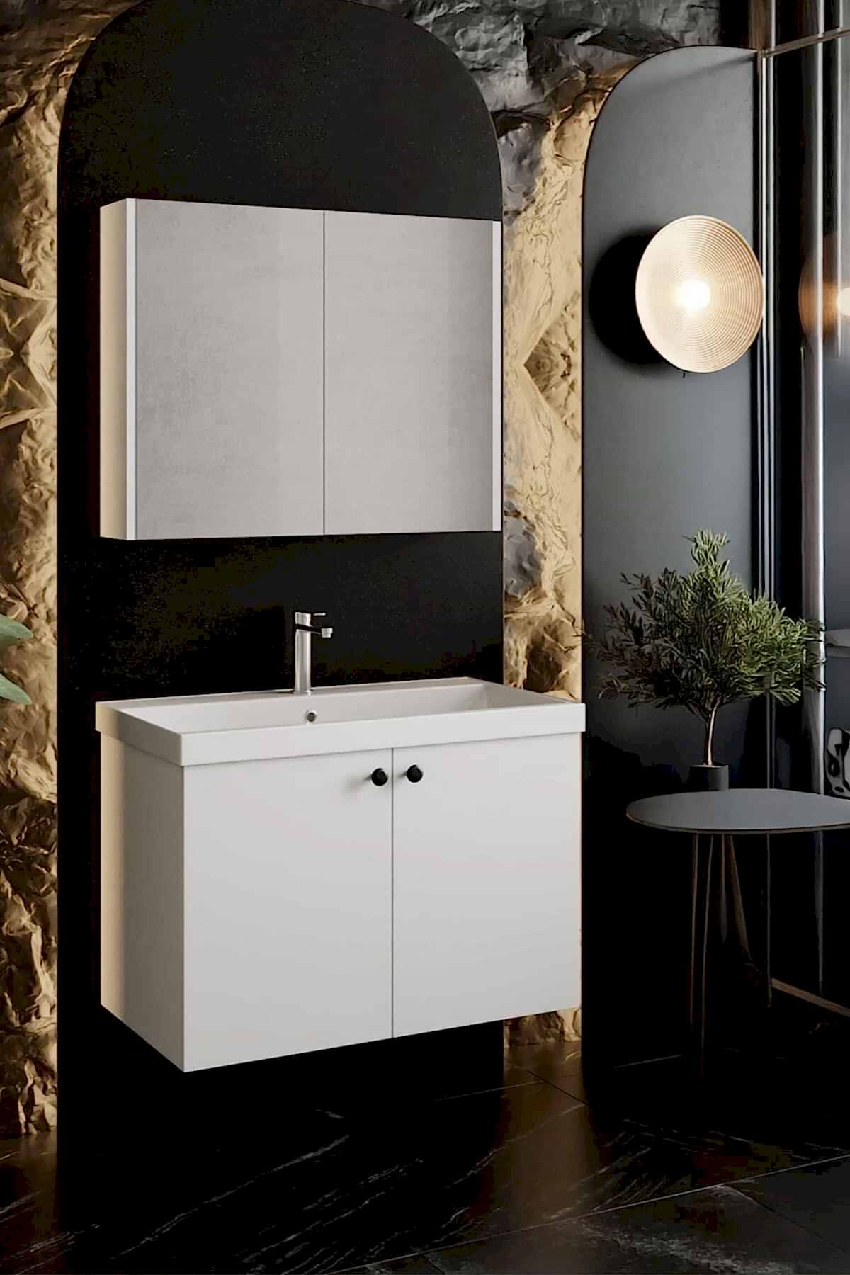 Karen Banyo Mimoza 80 CM Lavabolu Aynalı Banyo Dolabı Seti - Mekan Kapı 