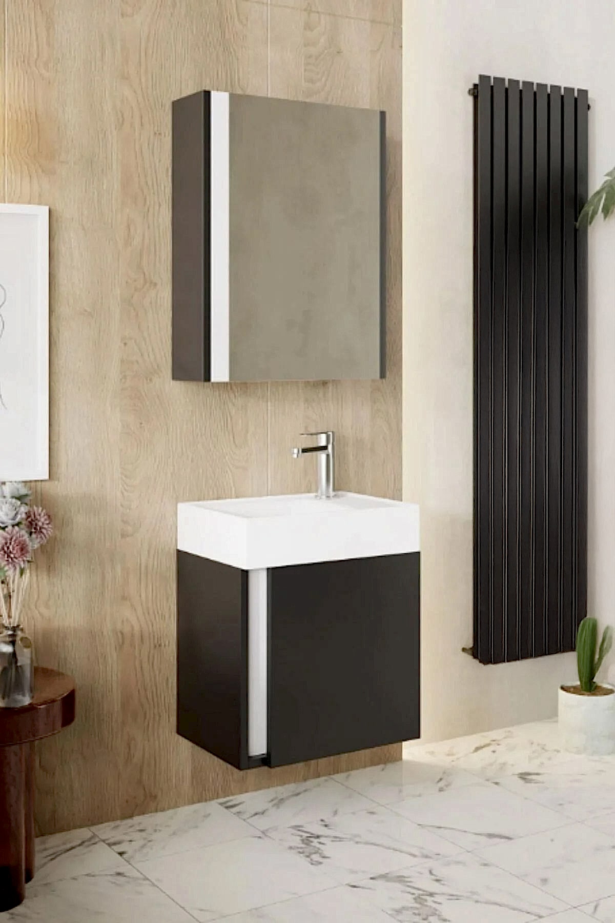 Karen Banyo Kemer 45 CM Lavabolu Aynalı Banyo Dolabı Mat Antrasit - Mekan Kapı 